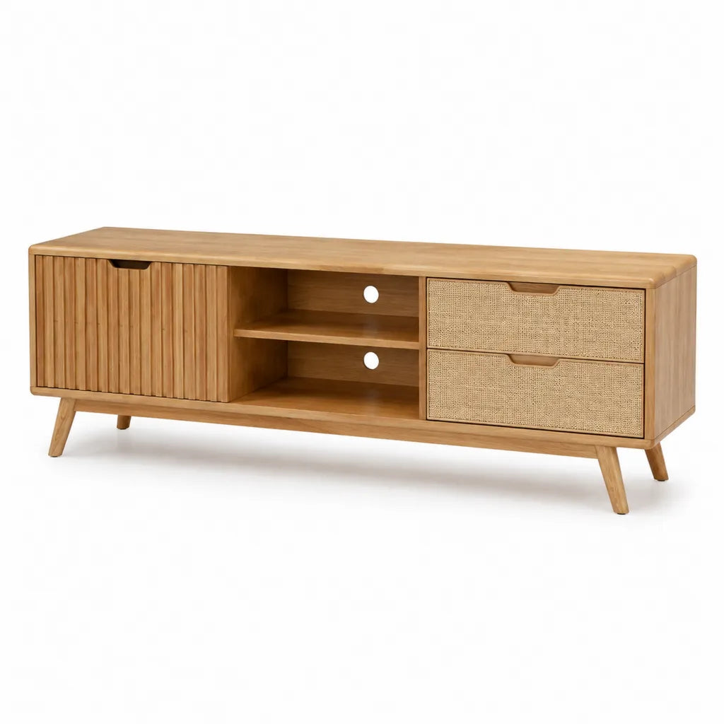 Mobile TV rettangolare in legno massello di mango e rattan naturale color naturale 180 x 40 x 60 cm