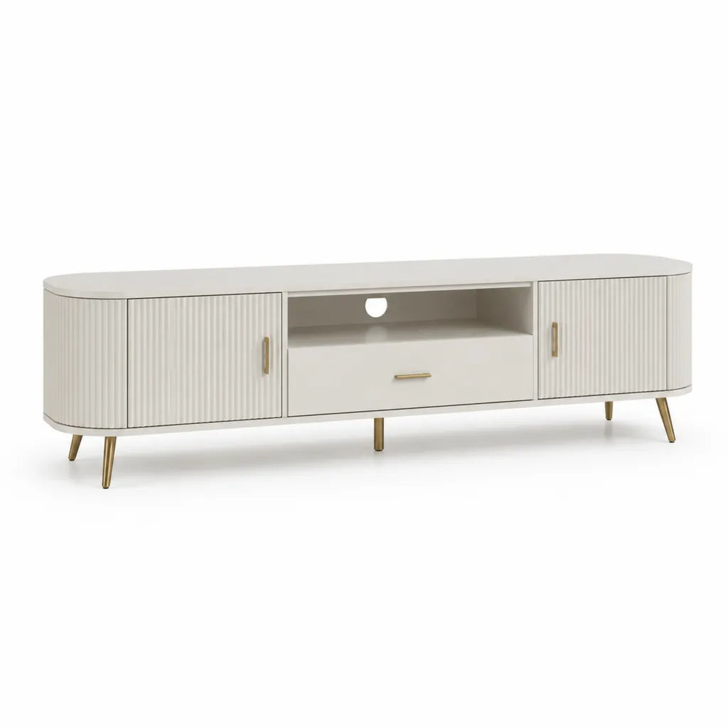 Mobile TV basso in MDF bianco avorio con ante scanalate 180 x 40 x 55 cm