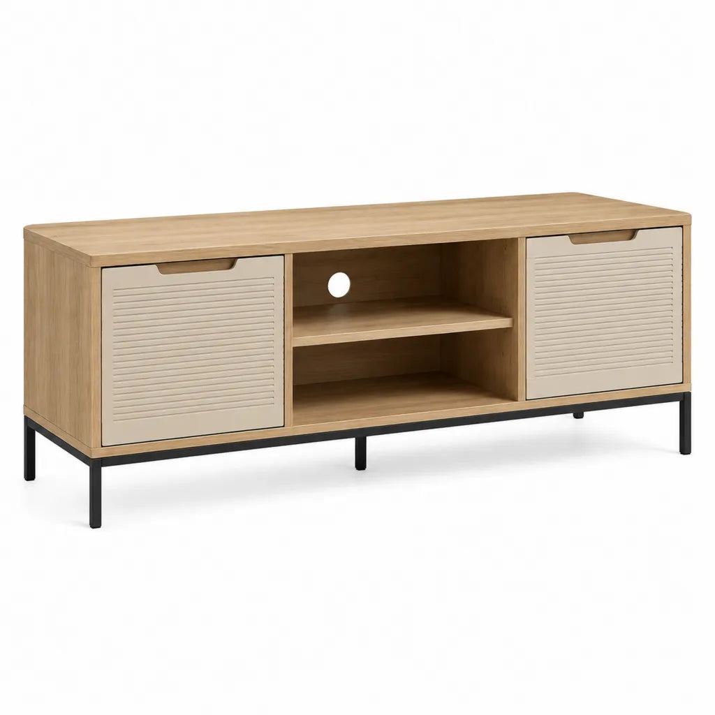 Mobile TV rettangolare 140 x 40 x 60 cm in MDF effetto rovere con 2 ante beige e ripiani aperti