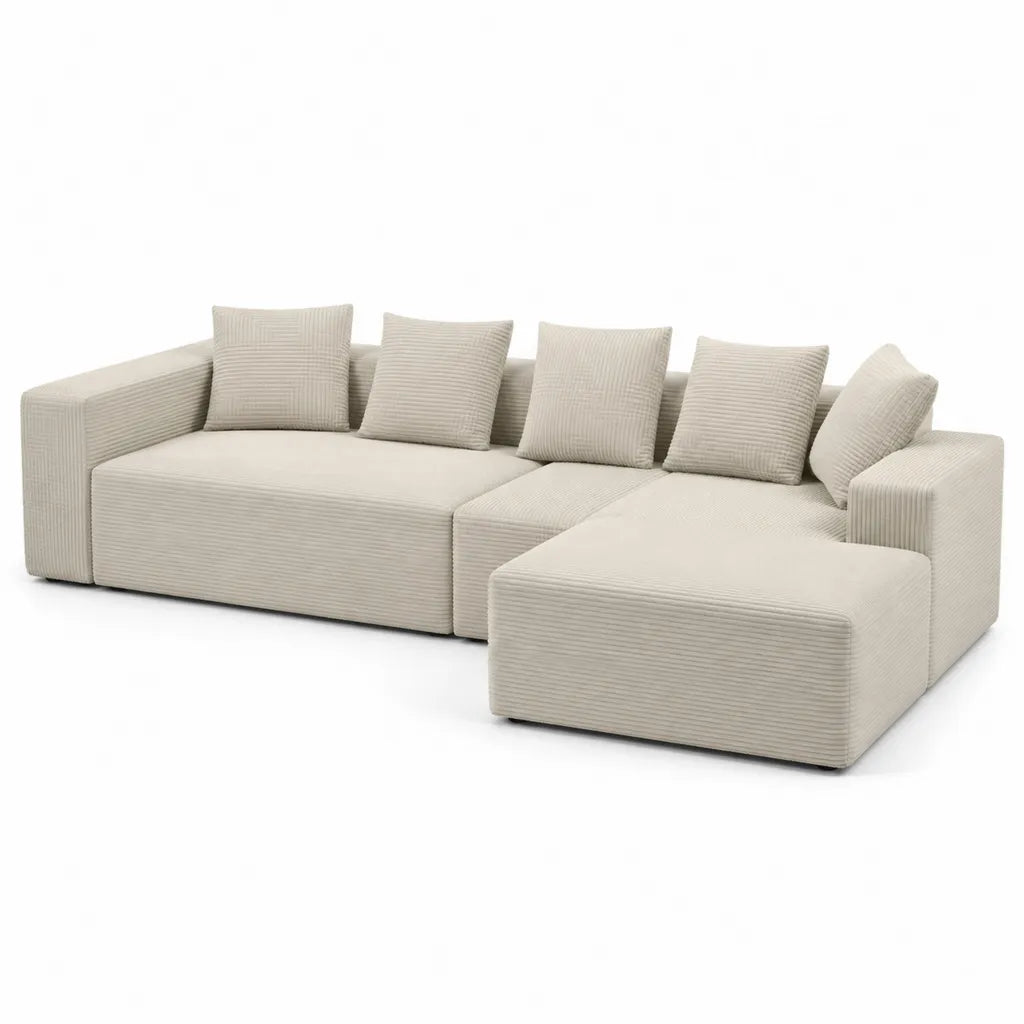 Divano angolare con chaise longue 3 posti in poliestere a coste beige 290 x 165 x 82 cm