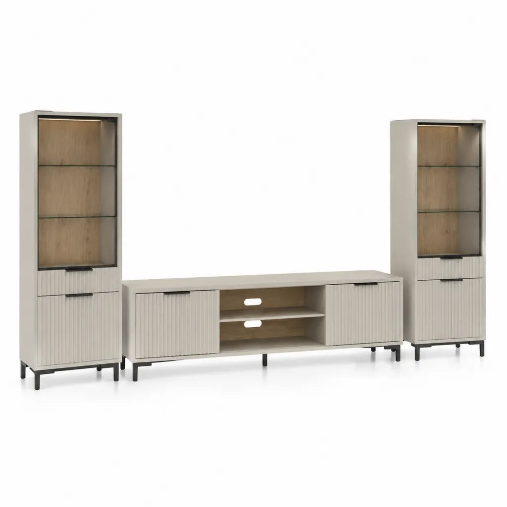 Set mobili soggiorno con mobile TV e 2 vetrine in pannello truciolare melaminico bianco e rovere 280 x 40 x 190 cm