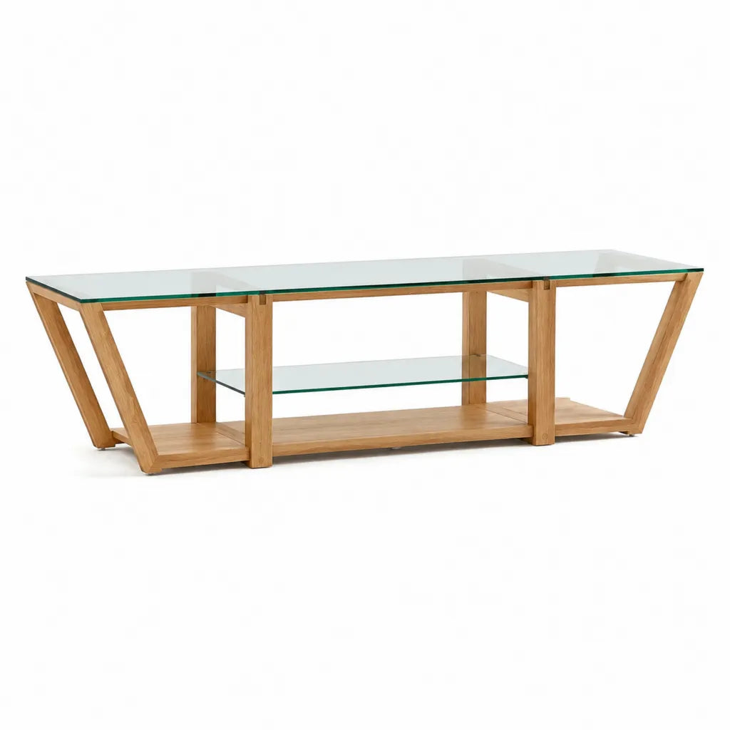 Mobile TV in rovere massello e vetro trasparente rettangolare naturale 180 x 45 x 50 cm