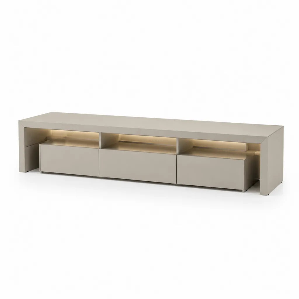 Mobile TV con 3 cassetti e illuminazione LED in MDF rettangolare tortora 180 x 40 x 55 cm