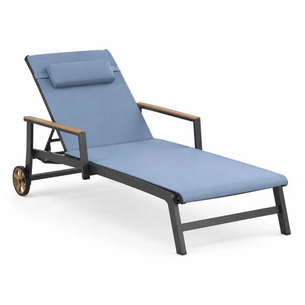 Lettino prendisole reclinabile con ruote 195 x 68 x 32 cm in alluminio nero con cuscino blu