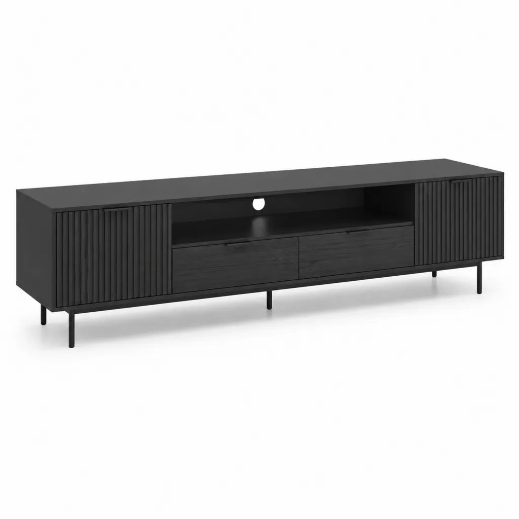 Mobile TV basso 180 x 40 x 55 cm in MDF nero con 2 ante 2 cassetti e vano a giorno