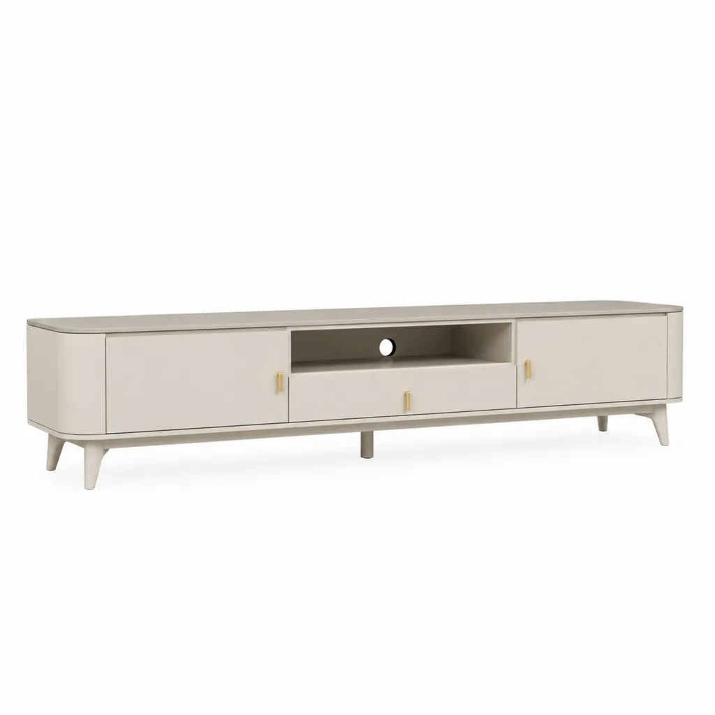 Mobile porta TV basso 200 x 40 x 50 cm in MDF beige con 2 ante cassetto e vano aperto
