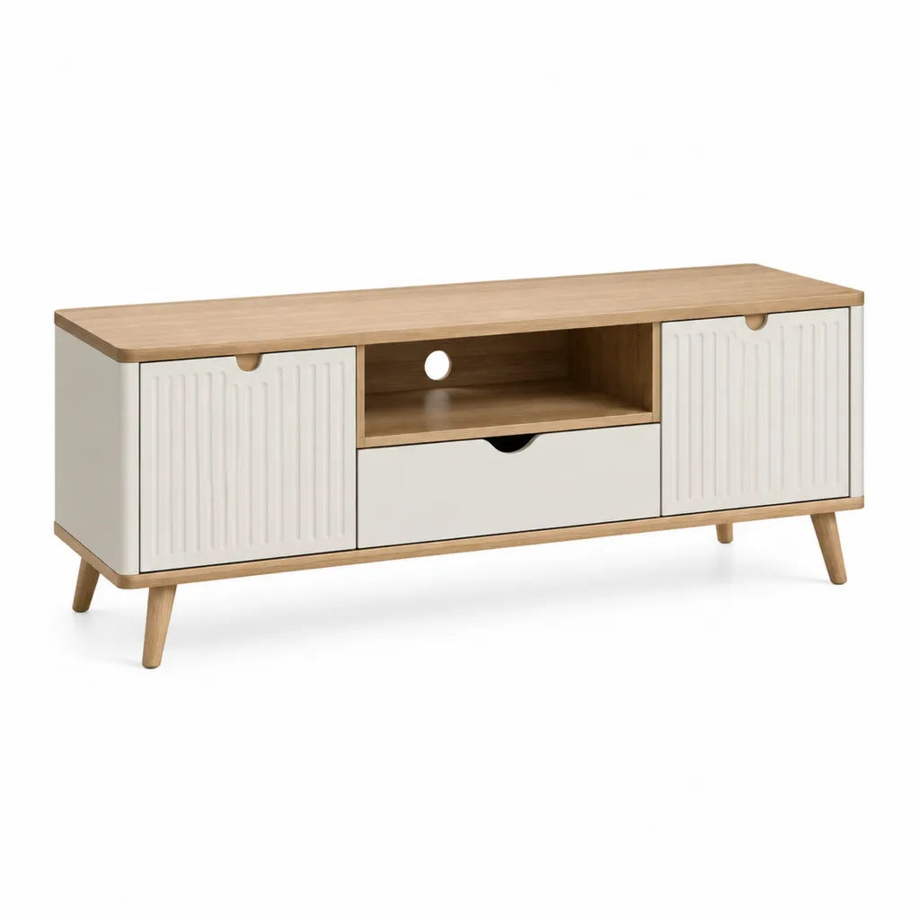 Mobile TV con 2 ante e cassetto in MDF rovere naturale e bianco 140 x 40 x 55 cm