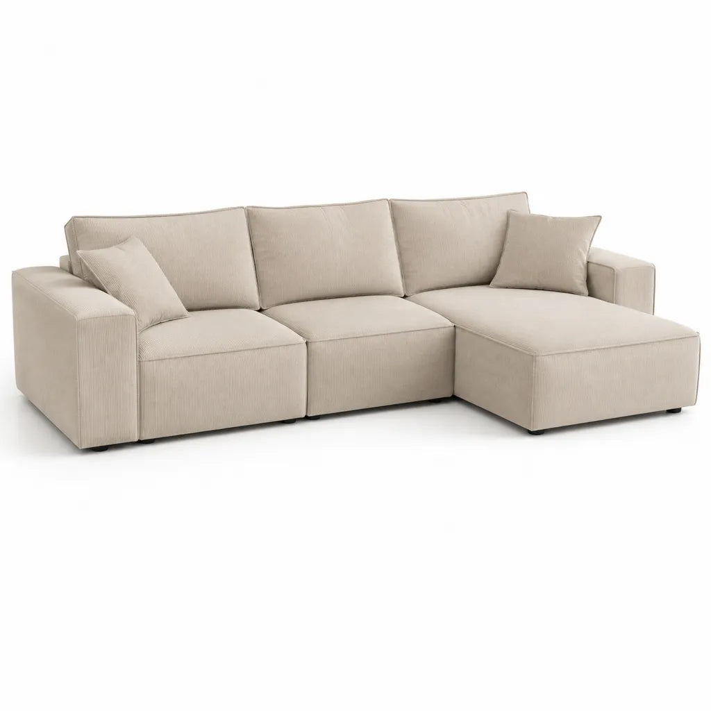 Divano angolare 3 posti con chaise longue destra in poliestere a coste beige 280 x 160 x 85 cm
