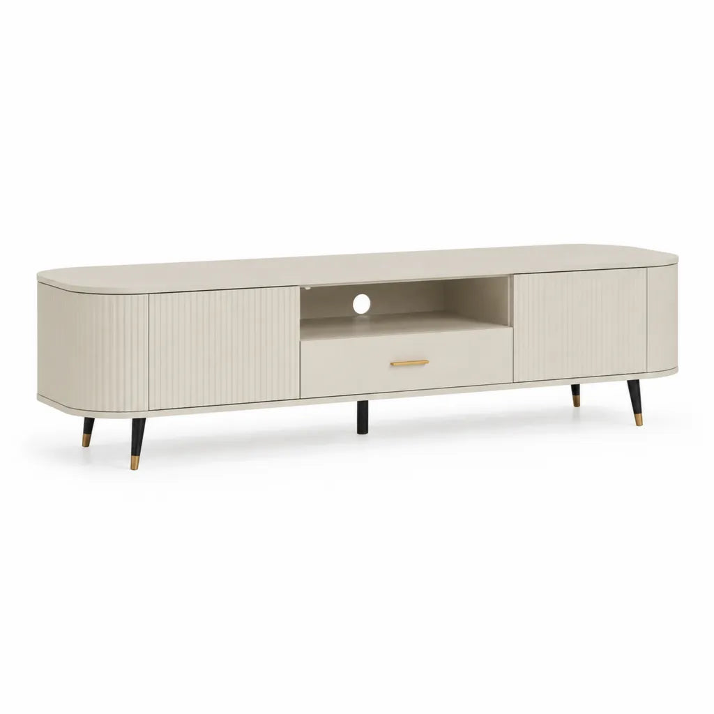 Mobile TV 180 x 40 x 55 cm in MDF bianco avorio con ante curve e cassetto