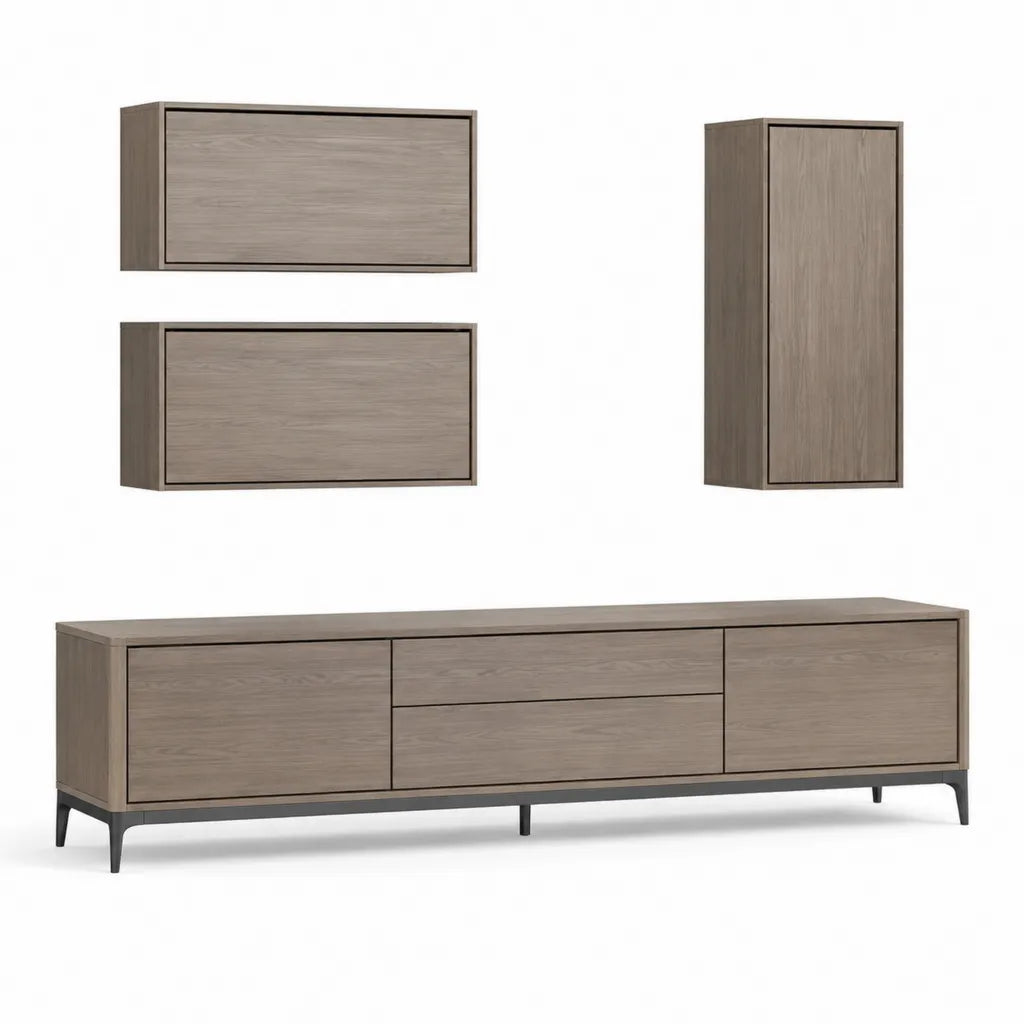 Set mobili TV 4 pezzi in MDF rettangolari grigio rovere con mobile basso 200 x 45 x 50 cm e pensili