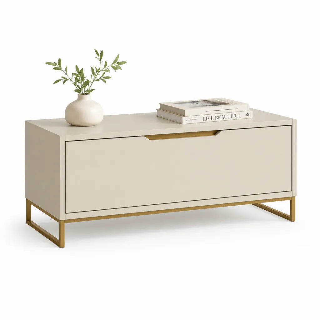 Mobile TV con vano chiuso in MDF rettangolare crema e oro 120 x 40 x 50 cm