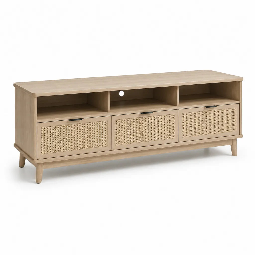 Mobile TV con 3 ante in MDF e rattan rettangolare rovere chiaro 140 x 40 x 60 cm