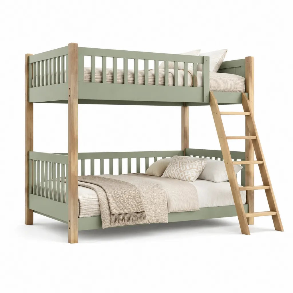 Letto a castello per bambini 90 x 200 cm in legno massello di pino verde salvia e naturale con scala