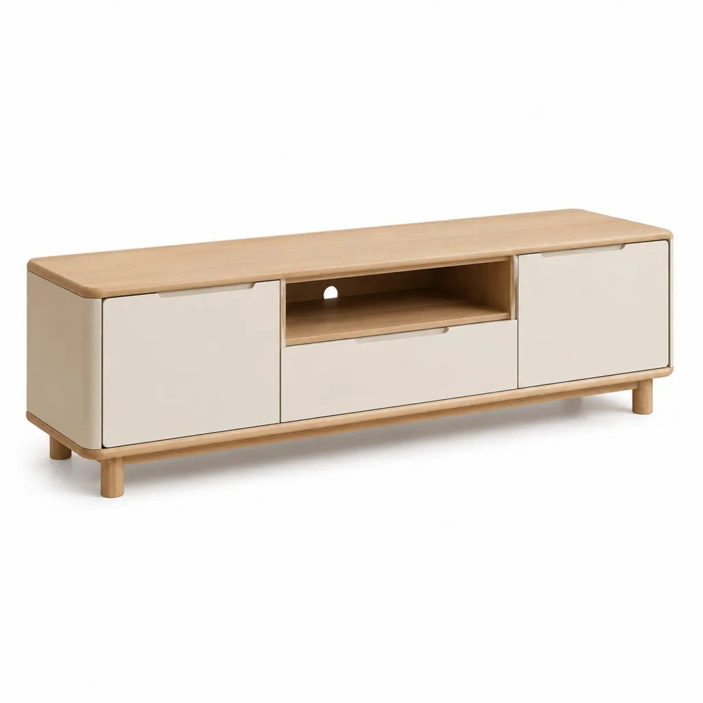 Mobile TV basso 160 x 40 x 55 cm in MDF e legno massello rettangolare beige e naturale