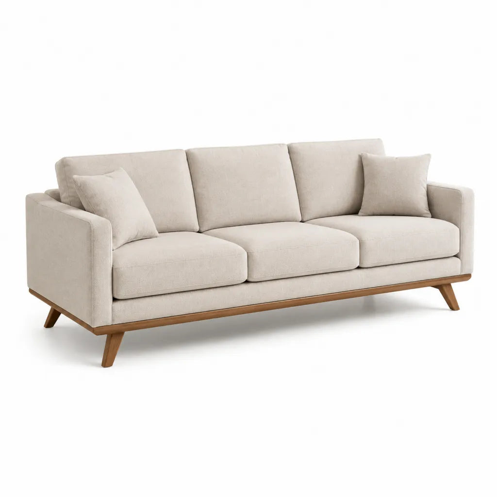 Divano 3 posti 220 x 90 x 85 cm in poliestere beige con struttura in legno massello e piedi conici