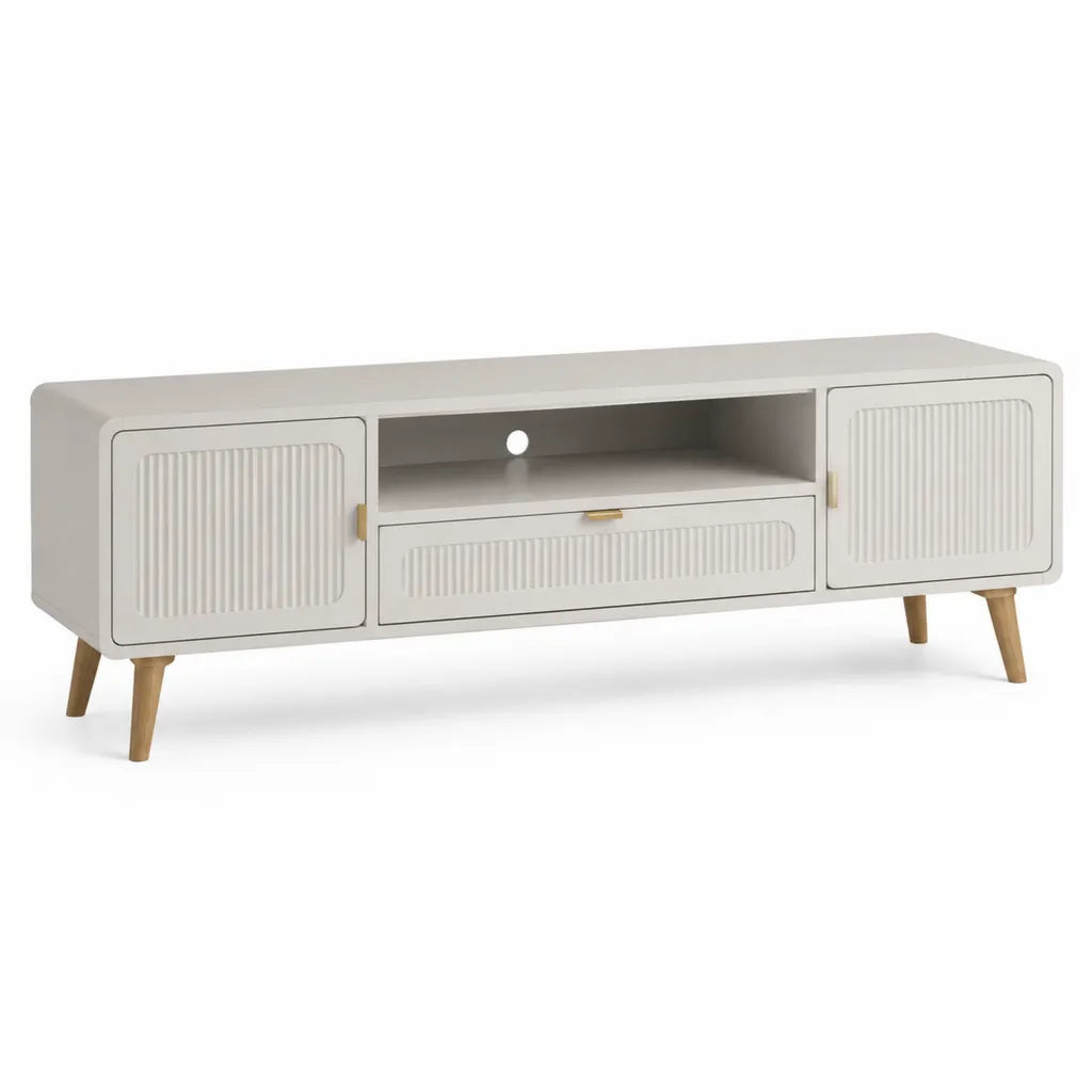 Mobile TV rettangolare 160 x 40 x 55 cm in MDF bianco con 2 ante e cassetto