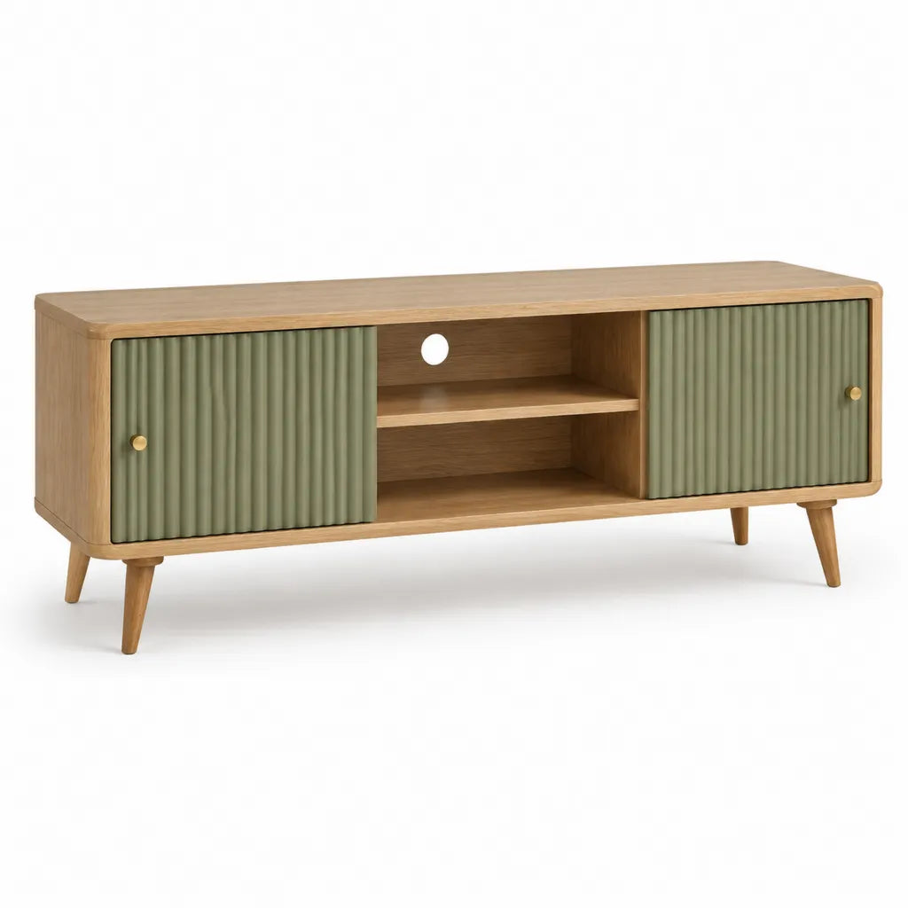 Mobile TV rettangolare in MDF impiallacciato rovere con ante scorrevoli verdi 120 x 40 x 60 cm