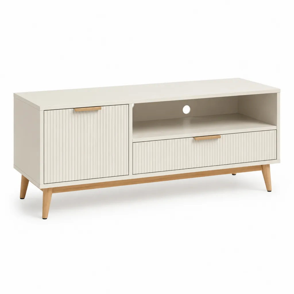 Mobile TV 120 x 40 x 60 cm con anta cassetto e vano aperto in MDF bianco crema