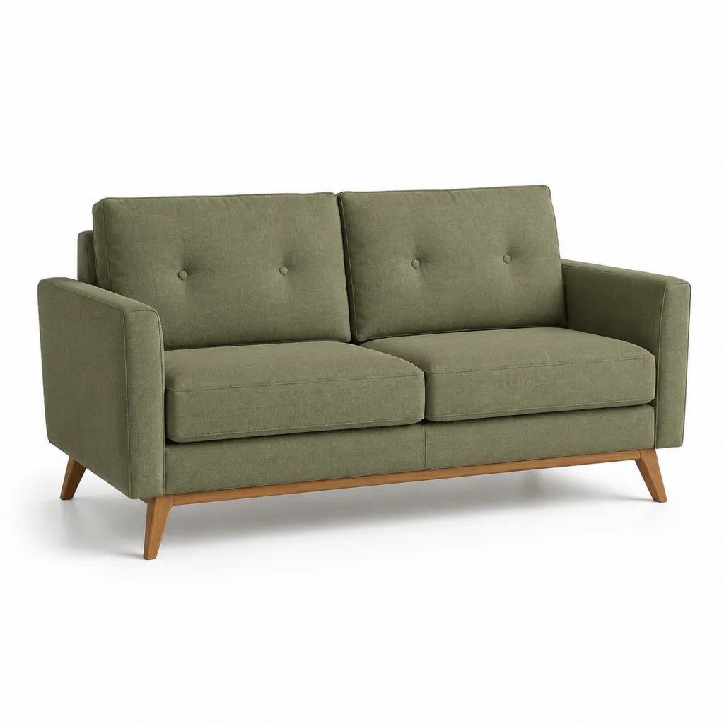 Divano 2 posti rettangolare in poliestere verde con gambe in legno massello 150 x 85 x 85 cm